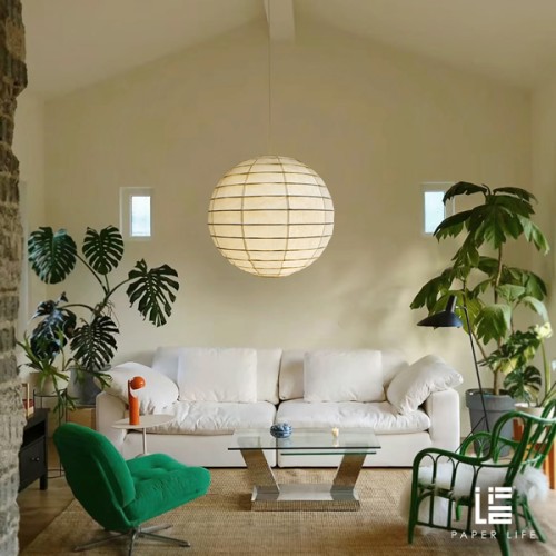 Paper Life - Round lantern - Chinses art paper - Hanging Lampshade - Bamboo Frame - 55cm (22 in) Diameter - White - Foldable - Handmade