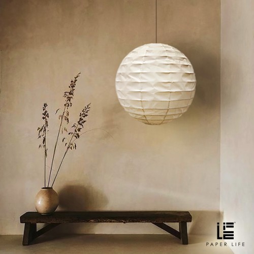 Paper Life - Round lantern - Chinses art paper - Hanging Lampshade - Bamboo Frame - 55cm (22 in) Diameter - White - Foldable - Handmade