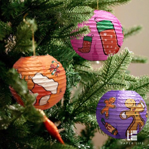 Paper Life - Set of 8 Handmade Christmas Paper Lanterns - Spherical 15cm - Featuring Santa, Snowman, Reindeer, and Gingerbread Designs - Festive Party Decorations