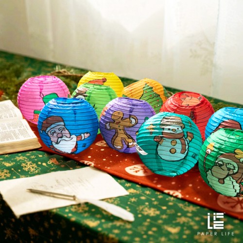 Paper Life - Set of 8 Handmade Christmas Paper Lanterns - Spherical 15cm - Featuring Santa, Snowman, Reindeer, and Gingerbread Designs - Festive Party Decorations