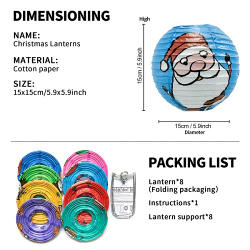Paper Life - Set of 8 Handmade Christmas Paper Lanterns - Spherical 15cm - Featuring Santa, Snowman, Reindeer, and Gingerbread Designs - Festive Party Decorations