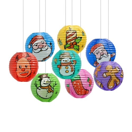 Paper Life - Set of 8 Handmade Christmas Paper Lanterns - Spherical 15cm - Featuring Santa, Snowman, Reindeer, and Gingerbread Designs - Festive Party Decorations
