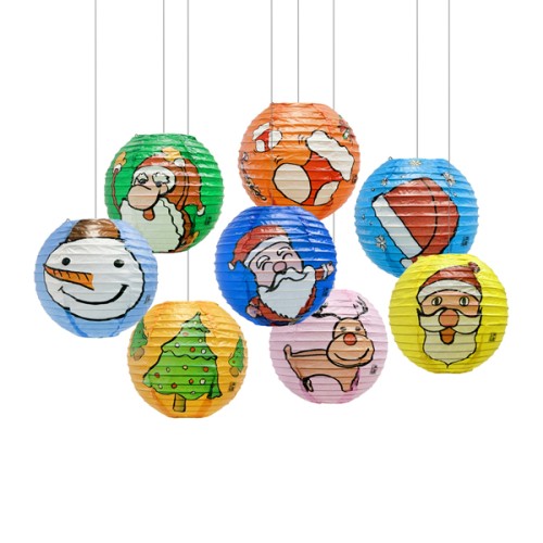 Paper Life - Set of 8 Handmade Christmas Paper Lanterns - Spherical 15cm - Featuring Santa, Snowman, Reindeer, and Gingerbread Designs - Festive Party Decorations