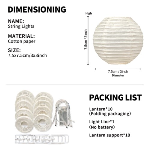 Paper Life - White Paper Lantern String Lights - 10 Lanterns - 2 Meters（78.7 in） Long - 7.5cm（3 in） Diameter - Powered by 2 AA Batteries (not Included) - Can be Folded - Bedroom Atmosphere Decoration