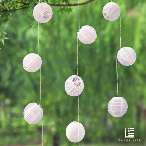 Paper Life - 10 Sphere White Paper Lantern String Lights - 7.5cm（3 in） Diameter - 2 Meters （78.7in） Long - Waterproof Fabric Material - Powered by 2 AA Batteries (not Included) - Folded - Courtyard At