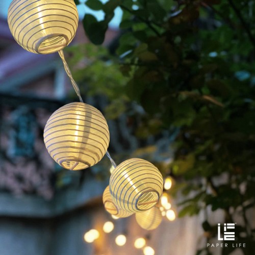 Paper Life - 10 Sphere White Paper Lantern String Lights - 7.5cm（3 in） Diameter - 2 Meters （78.7in） Long - Waterproof Fabric Material - Powered by 2 AA Batteries (not Included) - Folded - Courtyard At