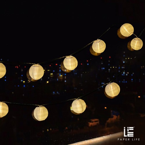 Paper Life - 10 Sphere White Paper Lantern String Lights - 7.5cm（3 in） Diameter - 2 Meters （78.7in） Long - Waterproof Fabric Material - Powered by 2 AA Batteries (not Included) - Folded - Courtyard At