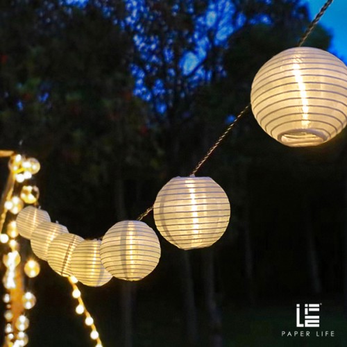 Paper Life - 10 Sphere White Paper Lantern String Lights - 7.5cm（3 in） Diameter - 2 Meters （78.7in） Long - Waterproof Fabric Material - Powered by 2 AA Batteries (not Included) - Folded - Courtyard At