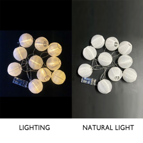 Paper Life - 10 Sphere White Paper Lantern String Lights - 7.5cm（3 in） Diameter - 2 Meters （78.7in） Long - Waterproof Fabric Material - Powered by 2 AA Batteries (not Included) - Folded - Courtyard At