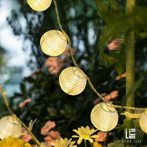 Paper Life - 10 Sphere White Paper Lantern String Lights - 7.5cm（3 in） Diameter - 2 Meters （78.7in） Long - Waterproof Fabric Material - Powered by 2 AA Batteries (not Included) - Folded - Courtyard At