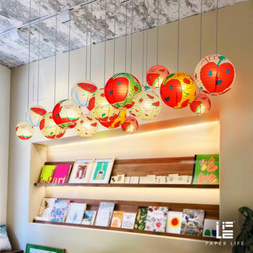 Paper Life - Paper lantern set - Customized for children's paintings - With fruit and cartoon man patterns - Household hanging lampshade - Party decorations - Handmade - Foldable - Steel wire frame 