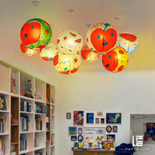 Paper Life - Paper lantern set - Customized for children's paintings - With fruit and cartoon man patterns - Household hanging lampshade - Party decorations - Handmade - Foldable - Steel wire frame