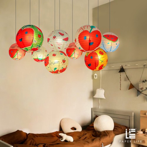 Paper Life - Paper lantern set - Customized for children's paintings - With fruit and cartoon man patterns - Household hanging lampshade - Party decorations - Handmade - Foldable - Steel wire frame