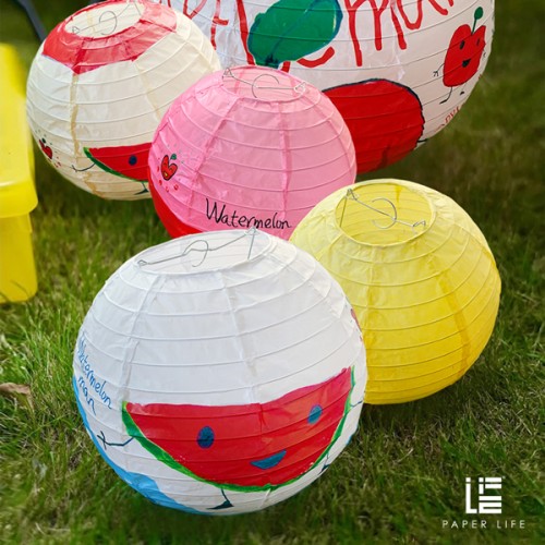 Paper Life - Paper lantern set - Customized for children's paintings - With fruit and cartoon man patterns - Household hanging lampshade - Party decorations - Handmade - Foldable - Steel wire frame