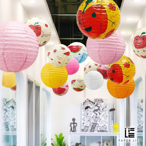 Paper Life - Paper lantern set - Customized for children's paintings - With fruit and cartoon man patterns - Household hanging lampshade - Party decorations - Handmade - Foldable - Steel wire frame
