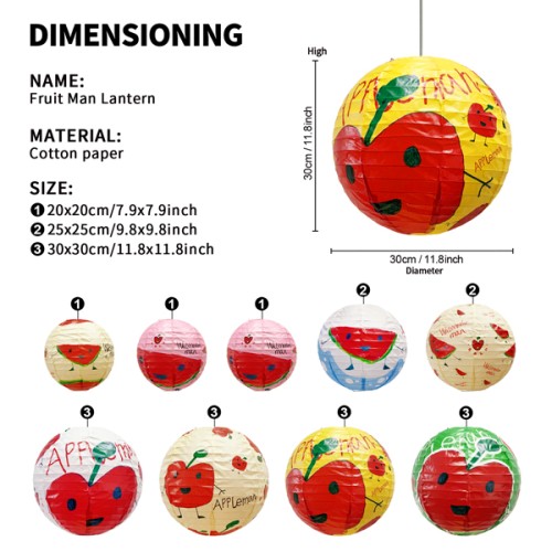Paper Life - Paper lantern set - Customized for children's paintings - With fruit and cartoon man patterns - Household hanging lampshade - Party decorations - Handmade - Foldable - Steel wire frame