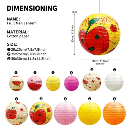 Paper Life - Paper lantern set - Customized for children's paintings - With fruit and cartoon man patterns - Household hanging lampshade - Party decorations - Handmade - Foldable - Steel wire frame